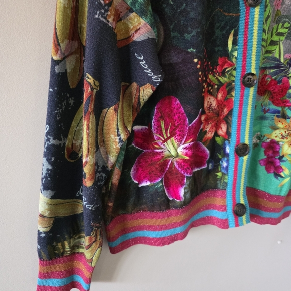 Desigual XL Eclectic Boho Art to Wear Tropical Floral Colorful Metallic Cardigan - Picture 10 of 16